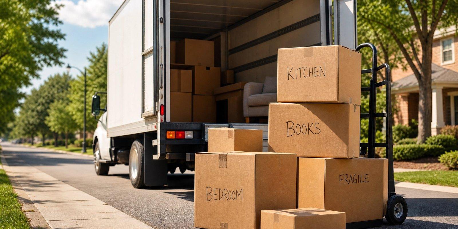 A moving truck loaded with labeled boxes (kitchen, books, bedroom, fragile) outside an off-campus home near UNC Charlotte